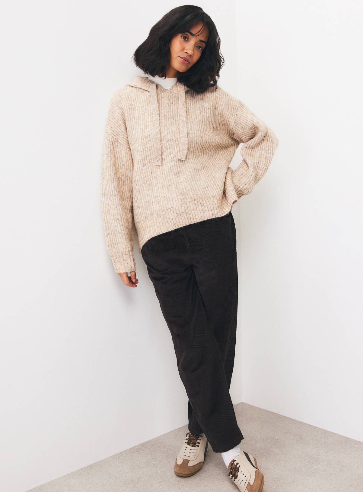 Oatmeal Nordic-Style Ribbed Knitted Hooded Jumper S - Image 2