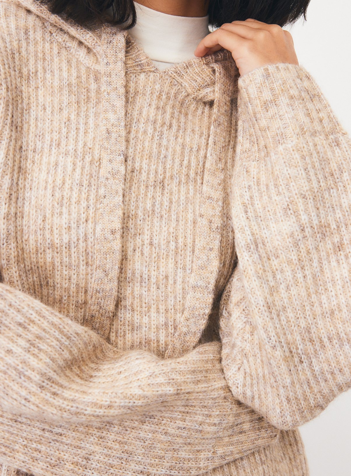 Oatmeal Nordic-Style Ribbed Knitted Hooded Jumper S - Image 3 thumbnail