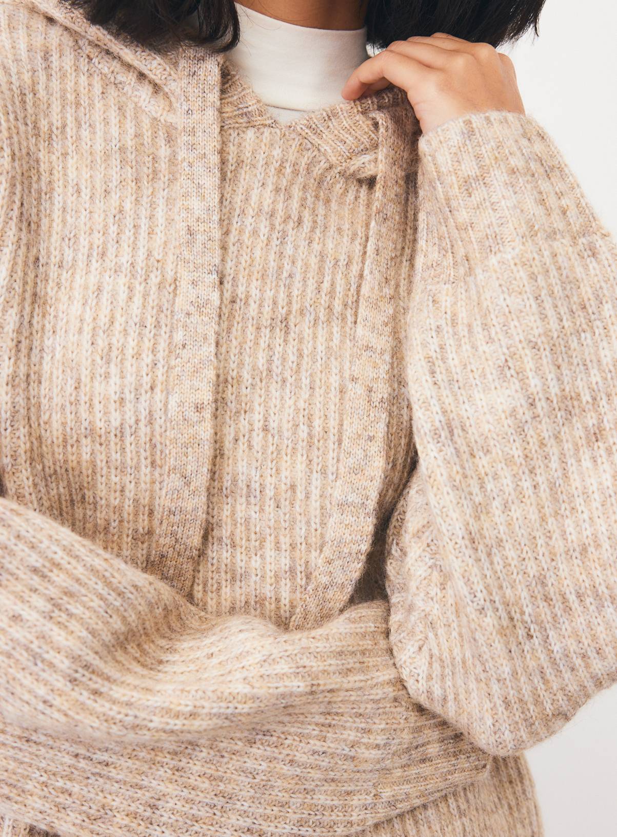 Oatmeal Nordic-Style Ribbed Knitted Hooded Jumper S - Image 3