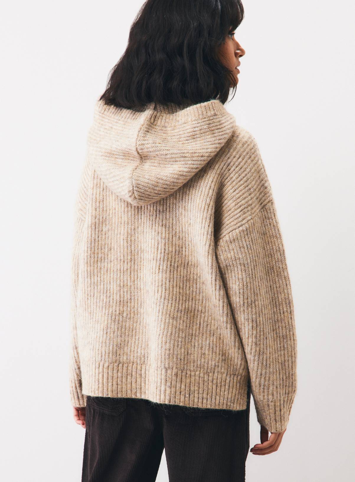 Oatmeal Nordic-Style Ribbed Knitted Hooded Jumper S - Image 4