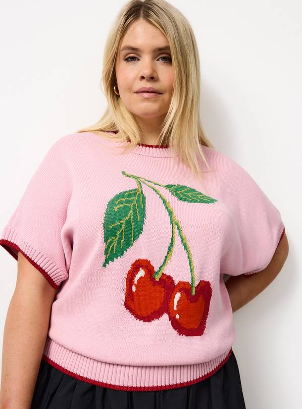 Pink Cherry Graphic Knitted T-Shirt M