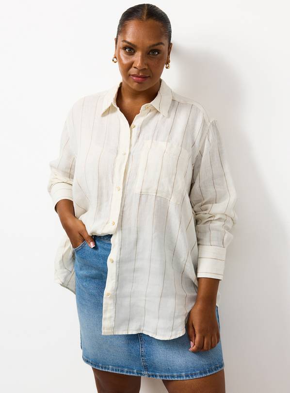 Neutral Stripe Print Pure Linen Long Sleeve Shirt 10