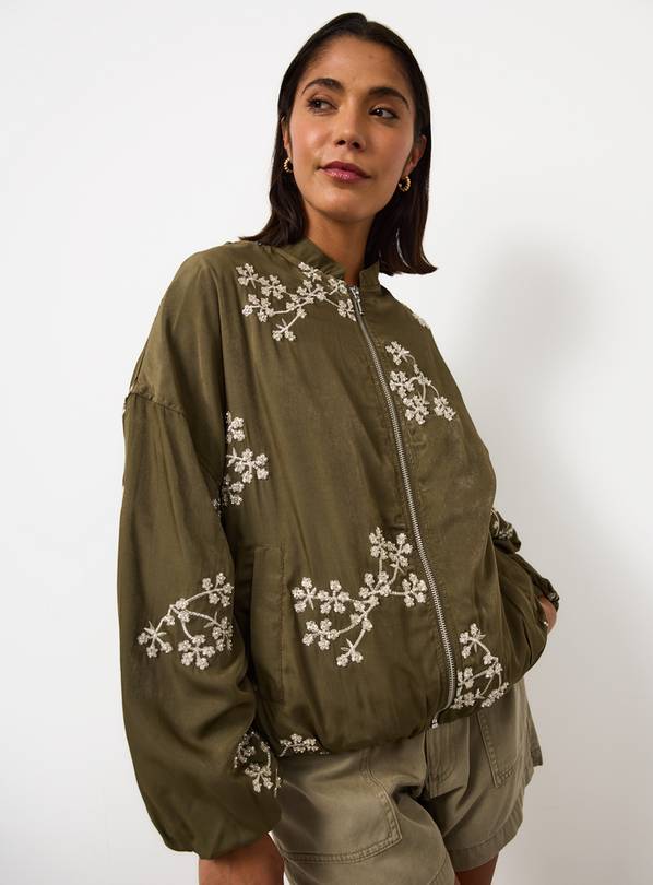 Khaki Floral Embroidered Bomber Jacket M