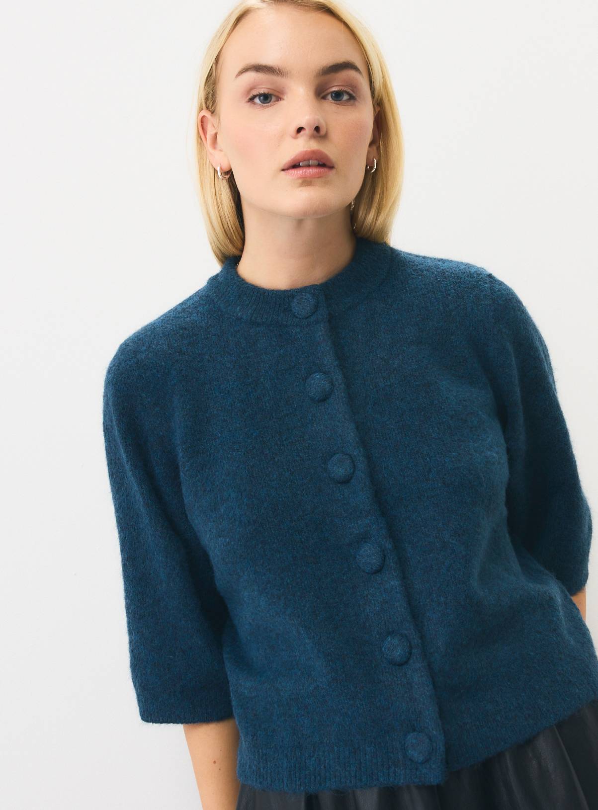 Teal Covered Button Boxy Cardigan S - Image 1