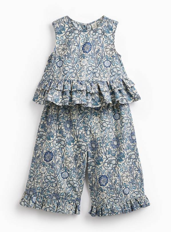 Tu x Morris & Co. Blue Pink & Rose Print Peplum Top & Trousers Set 5-6 years