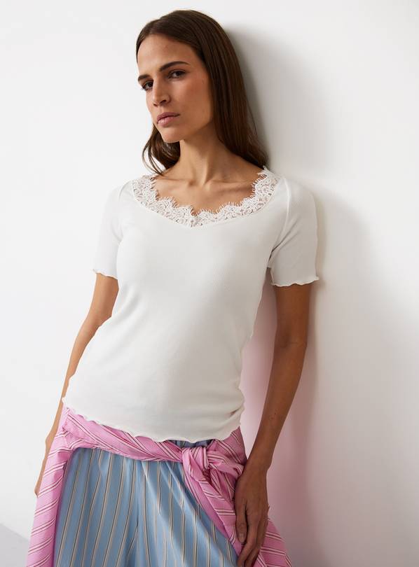 Cream Lace Neckline Jersey T-Shirt 22