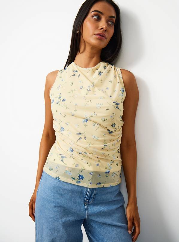 Yellow Floral Print Mesh Ruched Top 16