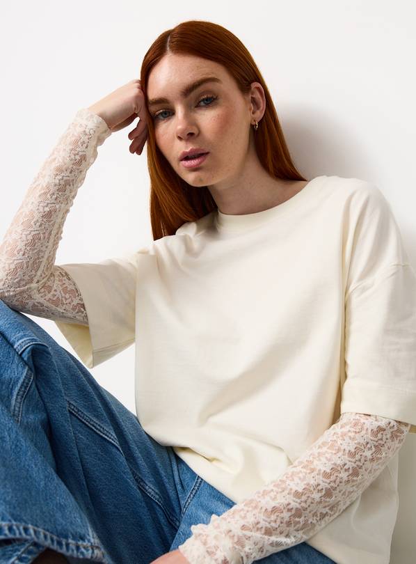Cream Lace Sleeve Detail Jersey T-Shirt L