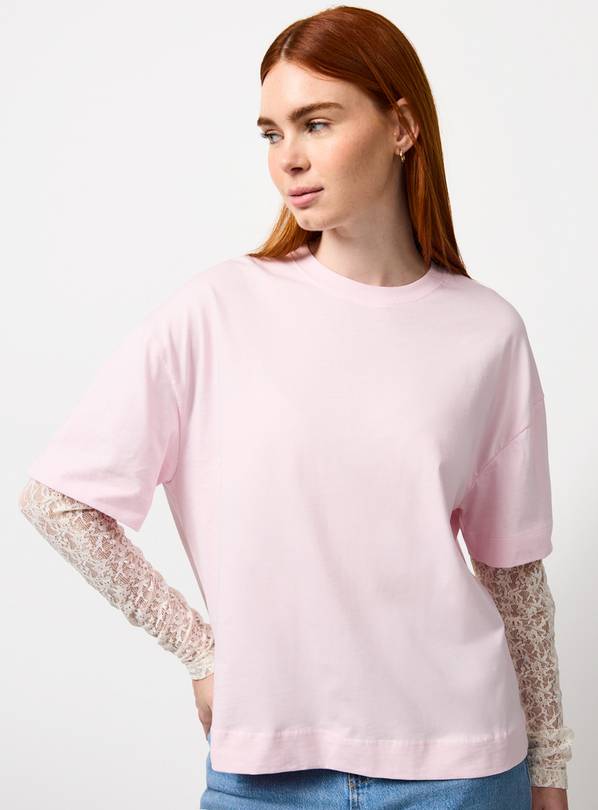 Pink Lace Sleeve Detail Jersey T-Shirt L