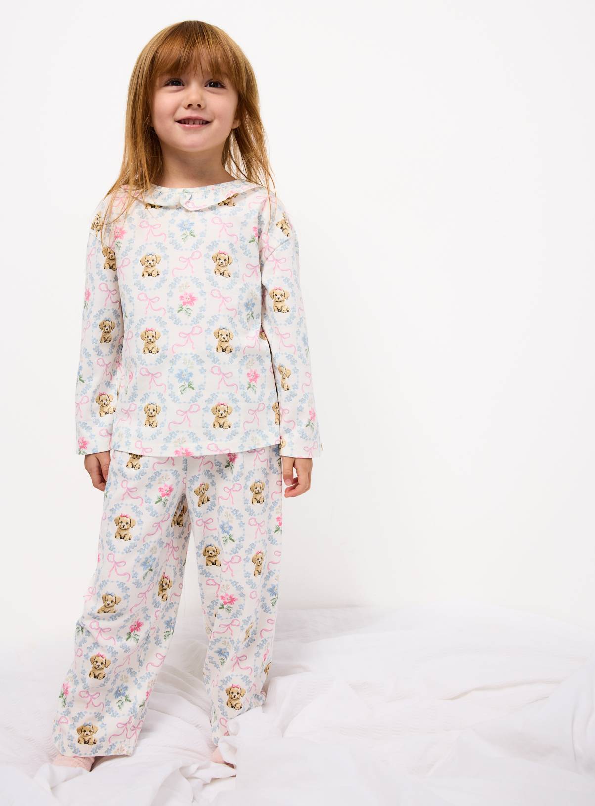 White Dog Print Frill Collar Pyjamas 3-4 years - Image 1