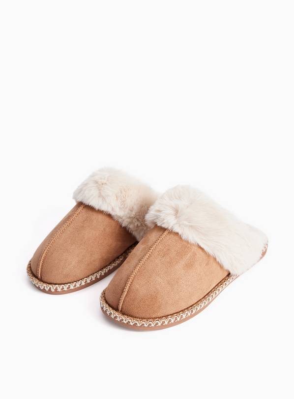 Tan Fur Trim Mule Slippers S
