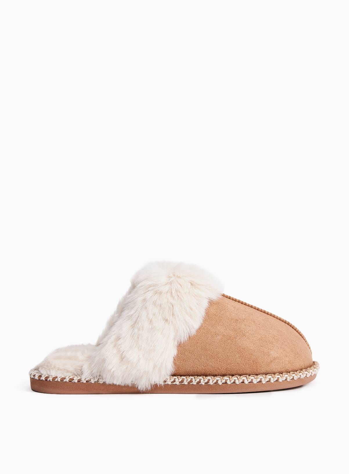 Tan Fur Trim Mule Slippers M - Image 2