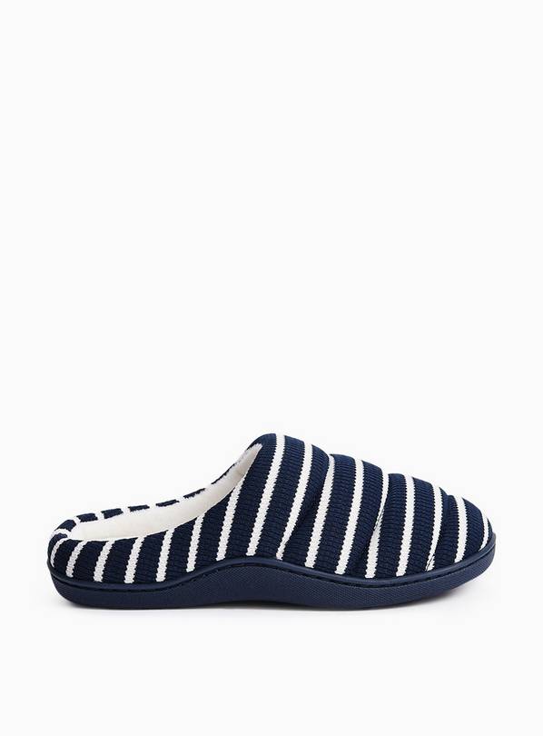 Navy Stripe Print Quilted Cupsole Mule Slippers L