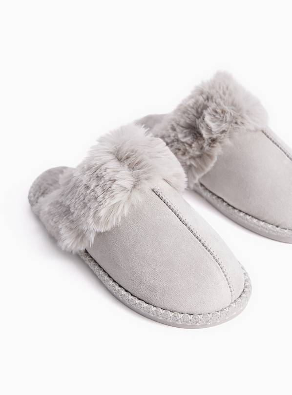Grey Fur Trim Mule Slippers L