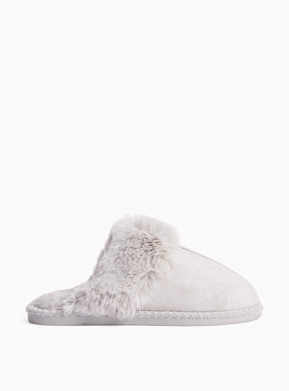 Grey Fur Trim Mule Slippers L - Image 2 thumbnail