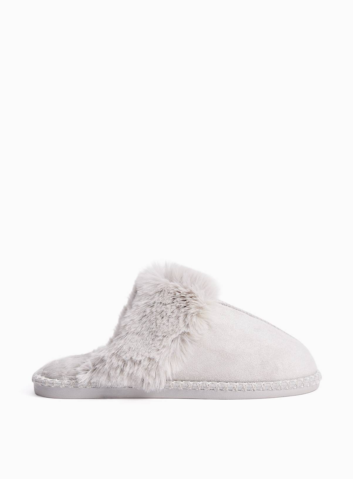 Grey Fur Trim Mule Slippers L - Image 2