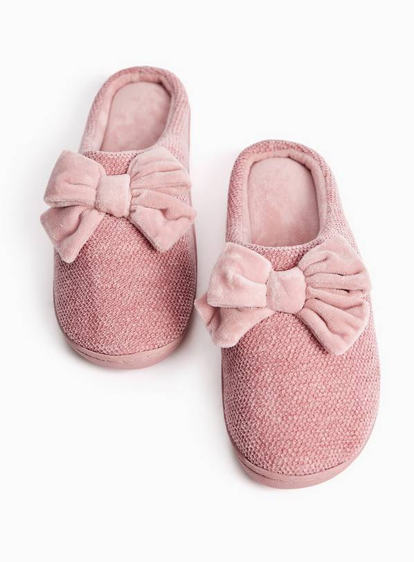 Pink Velour Bow Detail Cupsole Mule Slippers L