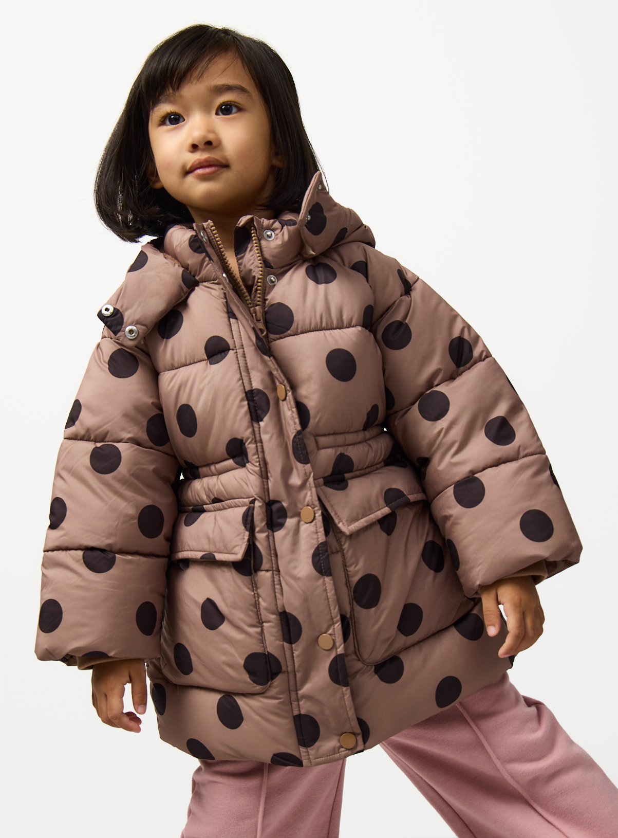 Brown Polka Dot Print Longline Puffer Jacket 7-8 years - Image 1 thumbnail