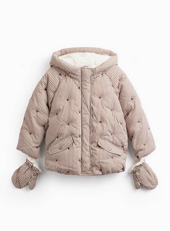 Brown Stripe Print Boxy Fit Puffer Jacket & Mittens 6-7 years