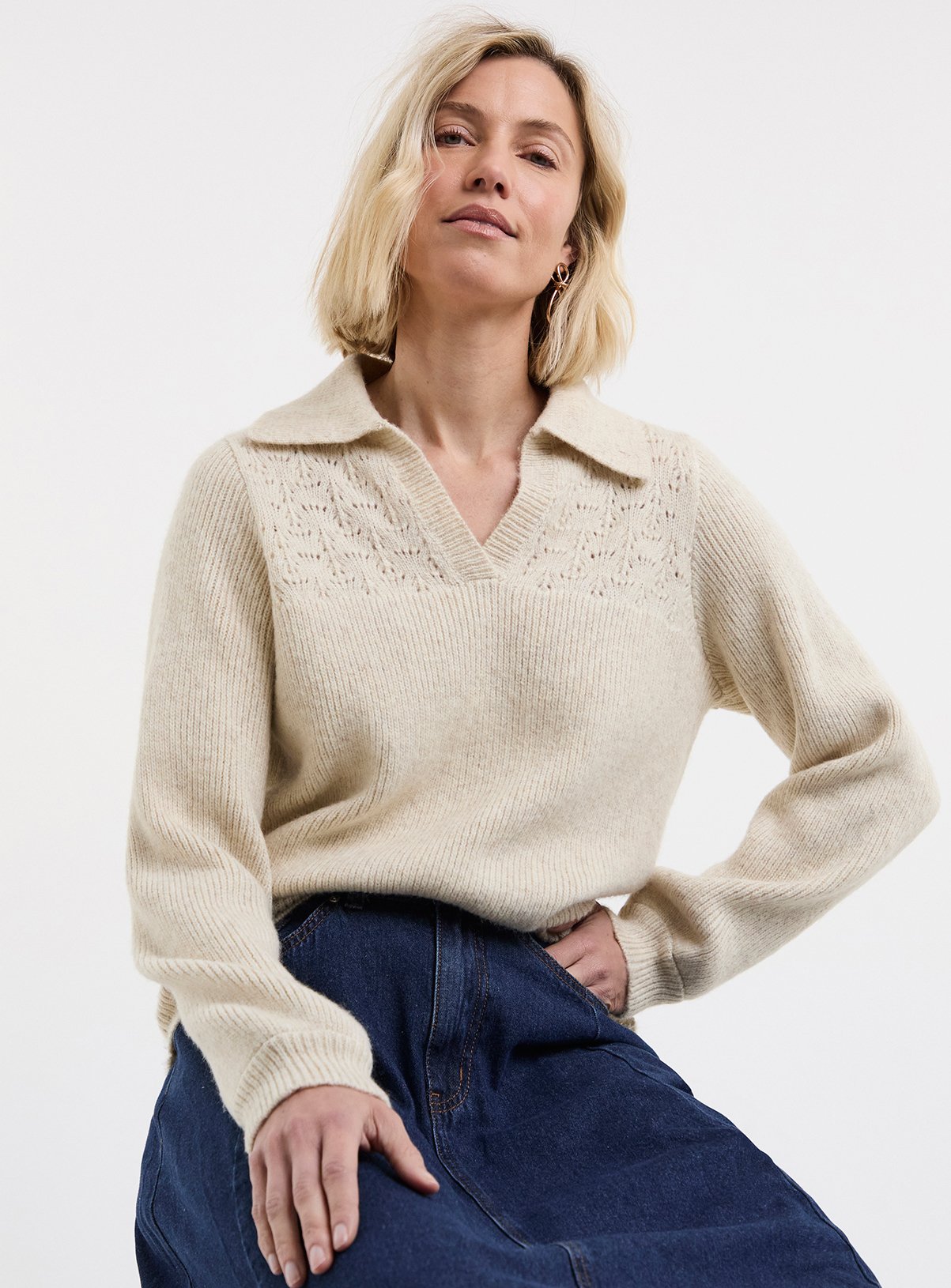 JD WILLIAMS Pointelle Henley Knit Jumper 32-34 - Image 1 thumbnail