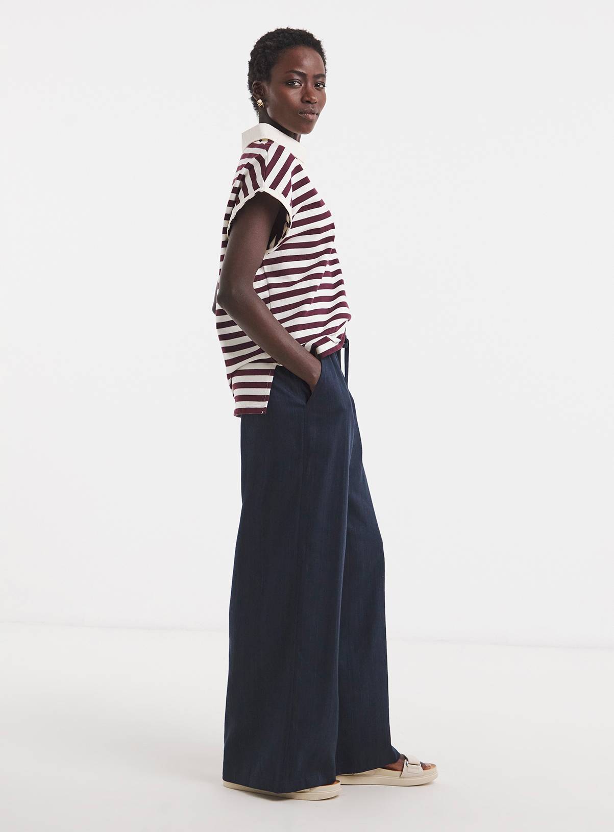 JD WILLIAMS Linen Mix Wide Leg Trousers Navy 10 - Image 2