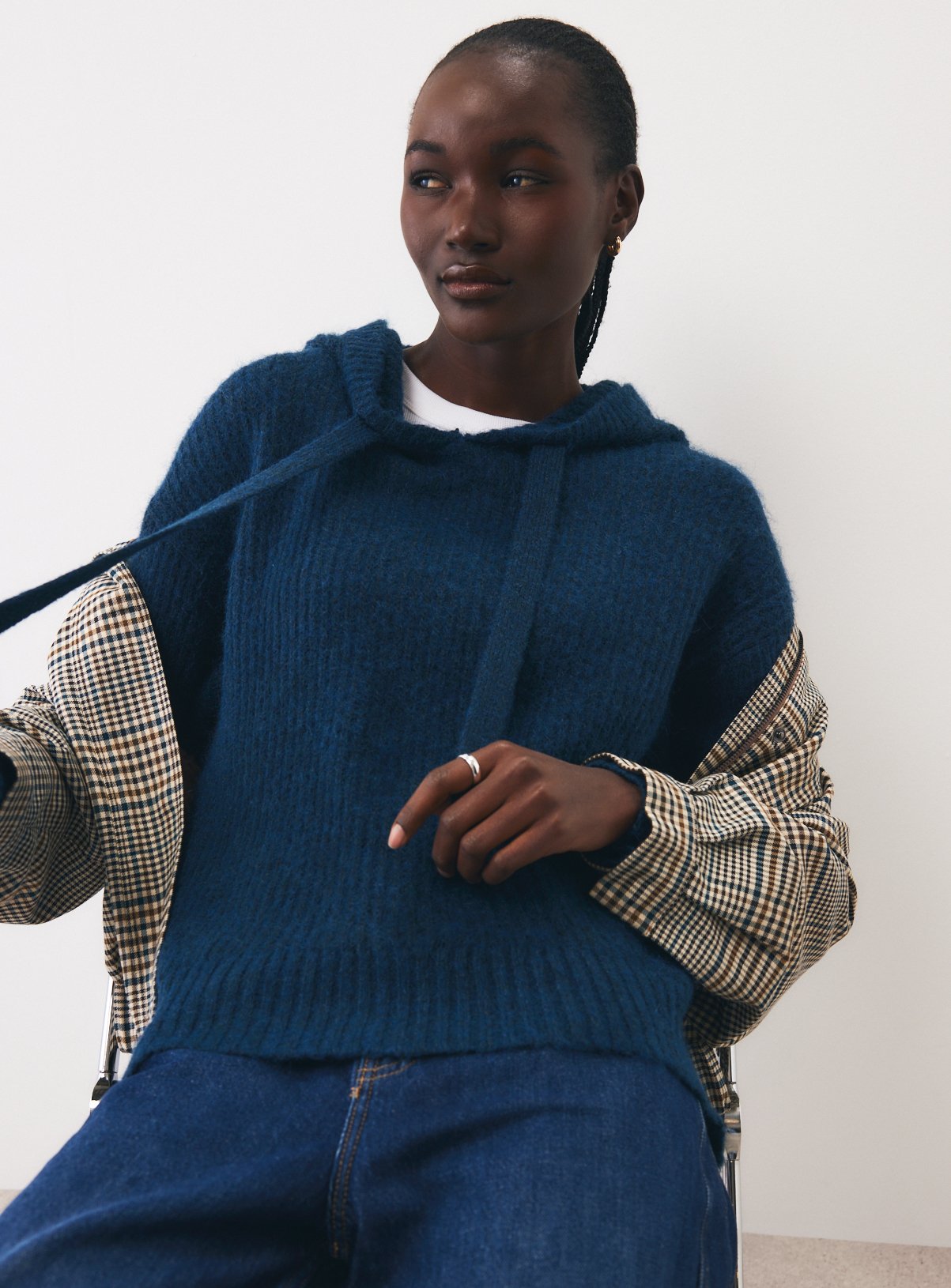 Teal Nordic-Style Ribbed Knitted Hooded Jumper XL - Image 1 thumbnail