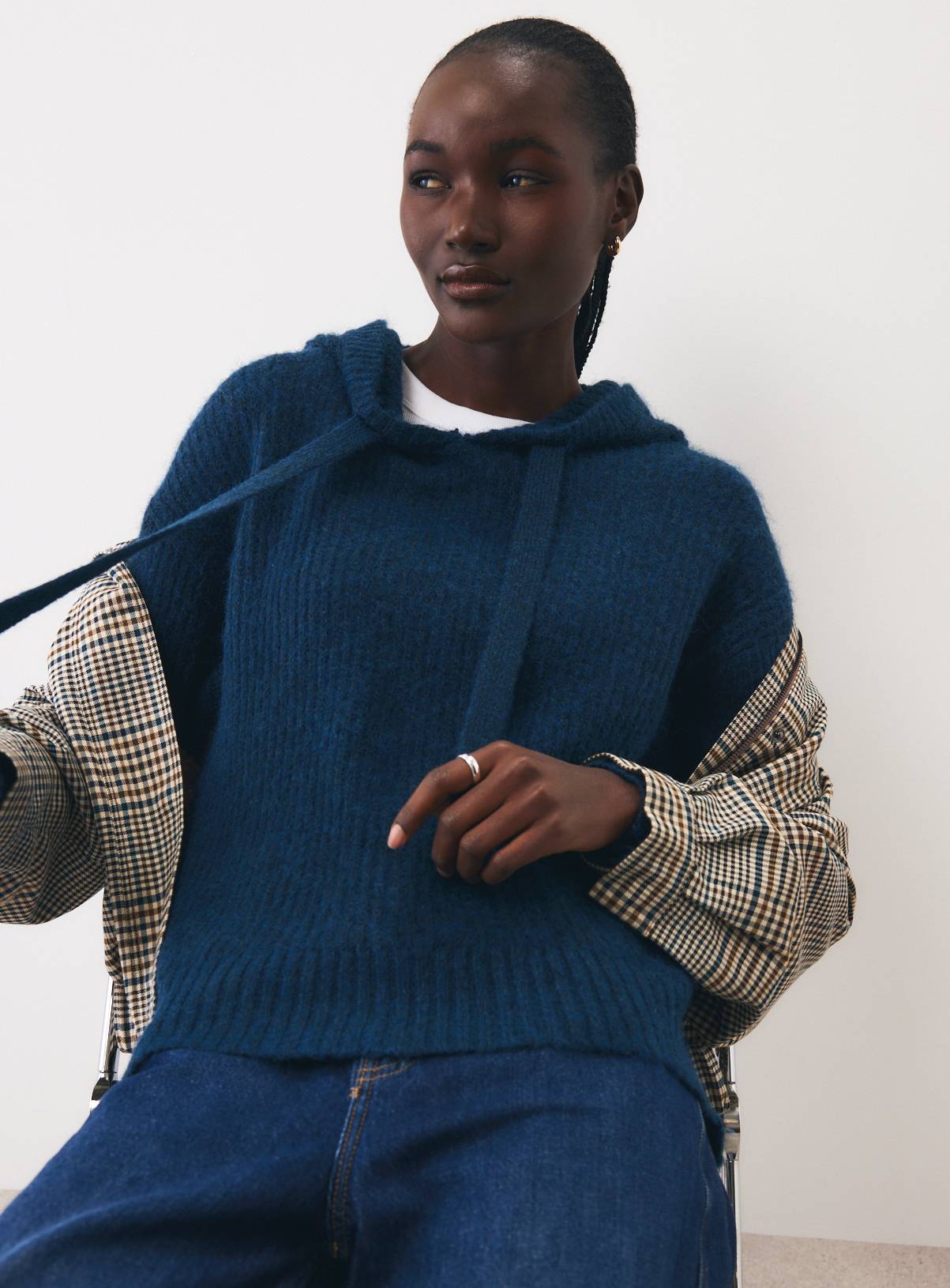 Teal Nordic-Style Ribbed Knitted Hooded Jumper XL - Image 1