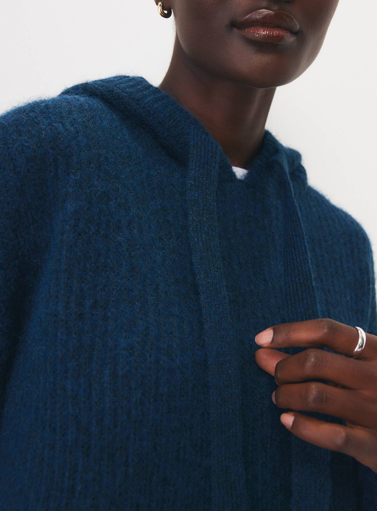 Teal Nordic-Style Ribbed Knitted Hooded Jumper XL - Image 3