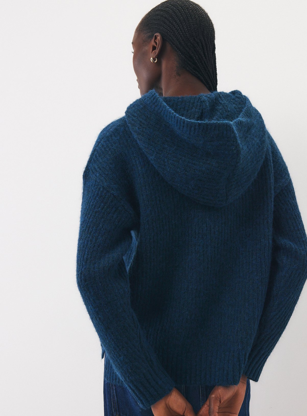 Teal Nordic-Style Ribbed Knitted Hooded Jumper XL - Image 4 thumbnail
