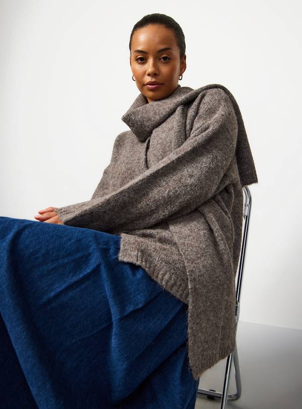 Brown Boyfriend Cardigan With Scarf M