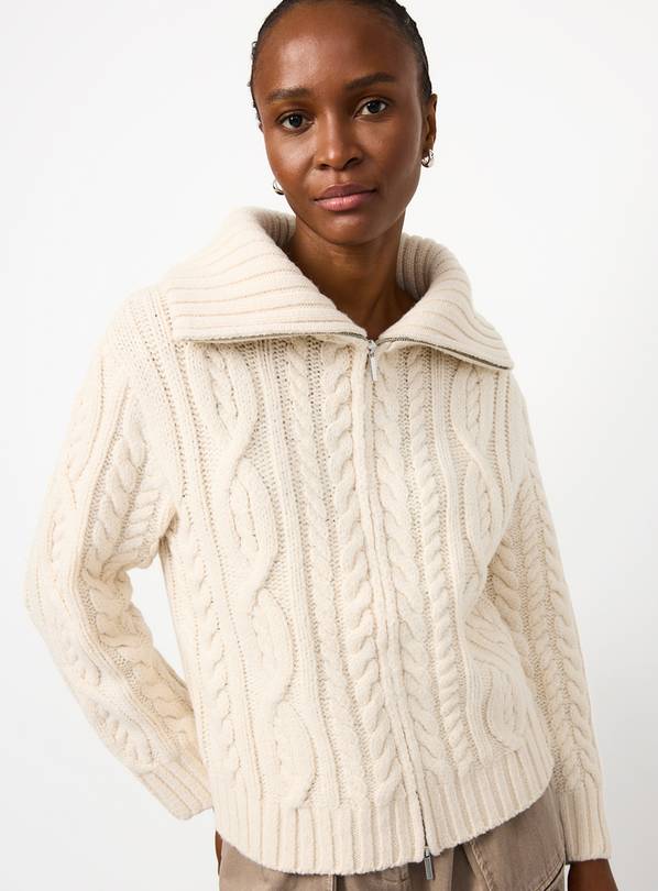 Cream Chunky Cable Zip-Through Cardigan S
