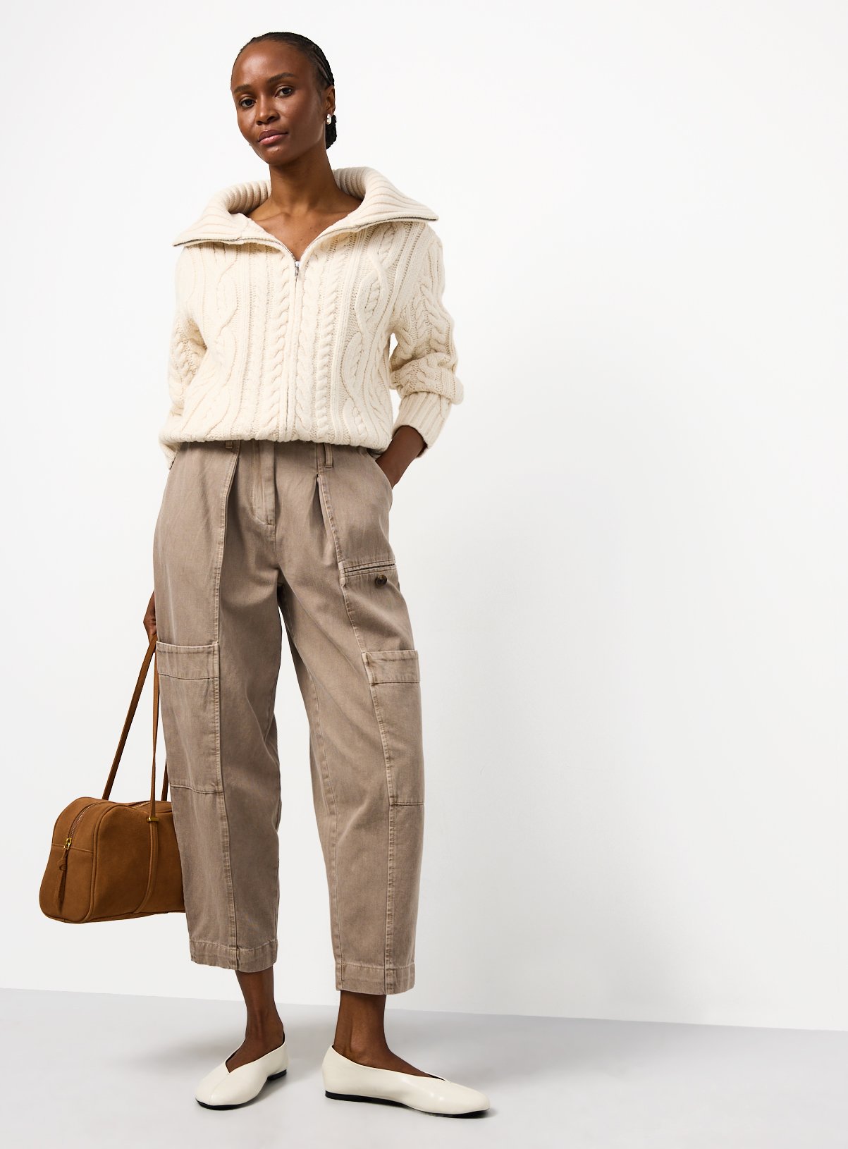 Cream Chunky Cable Zip-Through Cardigan M - Image 3 thumbnail