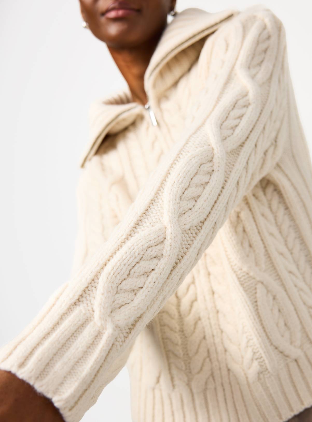 Cream Chunky Cable Zip-Through Cardigan M - Image 4