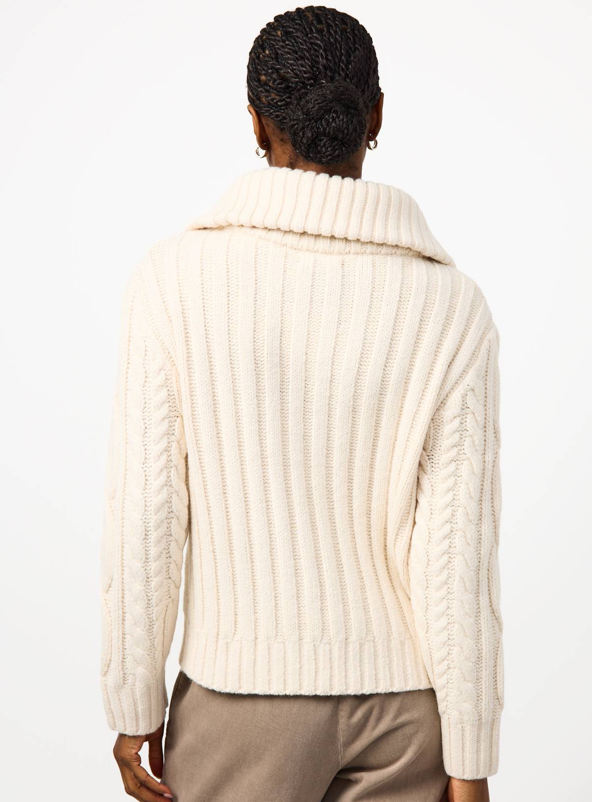 Cream Chunky Cable Zip-Through Cardigan M - Image 5