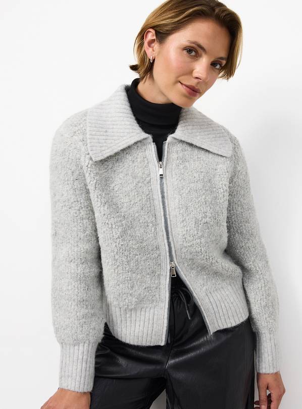 Grey Bouclé Zip-Through Cardigan XS