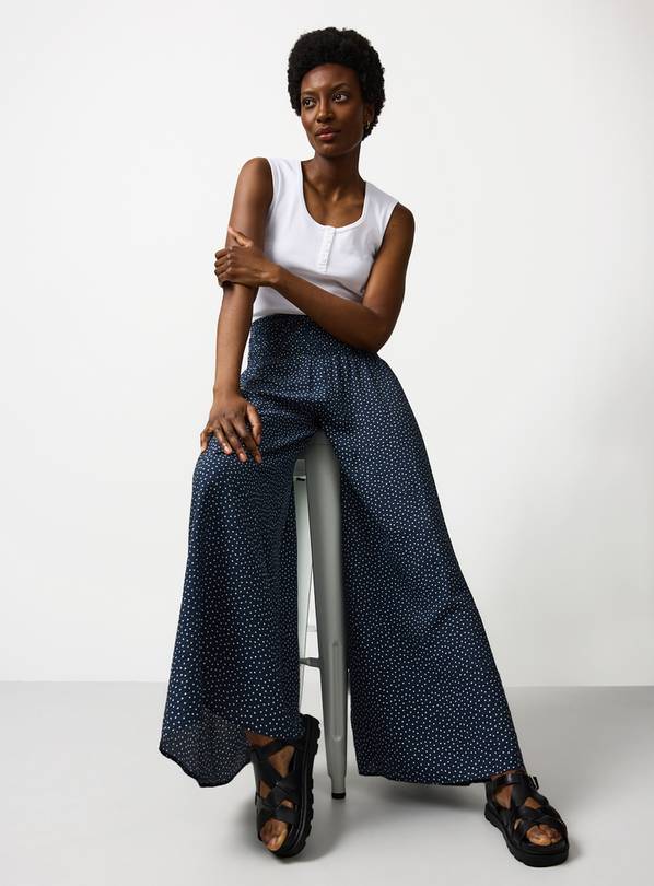 Navy Stripe Print Shirred Waist Palazzo Trousers 8