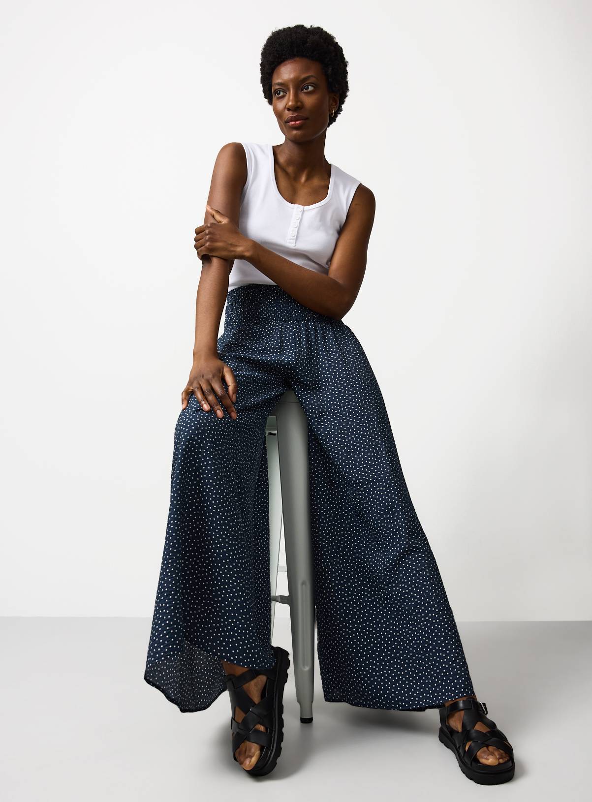 Navy Polka Dot Print Shirred Waist Palazzo Trousers 16 - Image 1