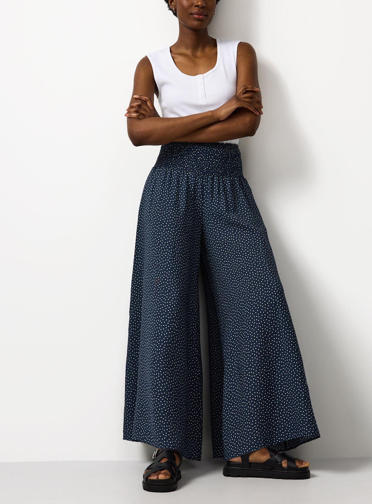 Navy Polka Dot Print Shirred Waist Palazzo Trousers 16 - Image 2 thumbnail