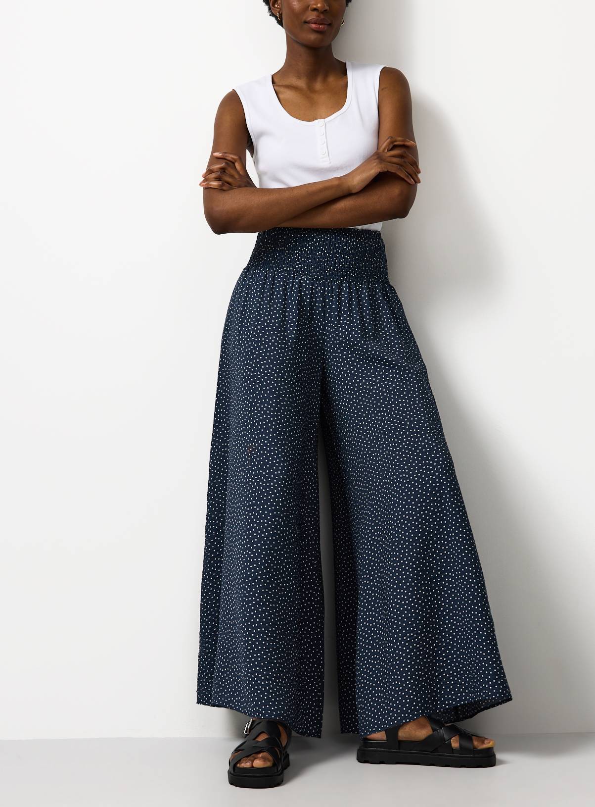 Navy Polka Dot Print Shirred Waist Palazzo Trousers 16 - Image 2