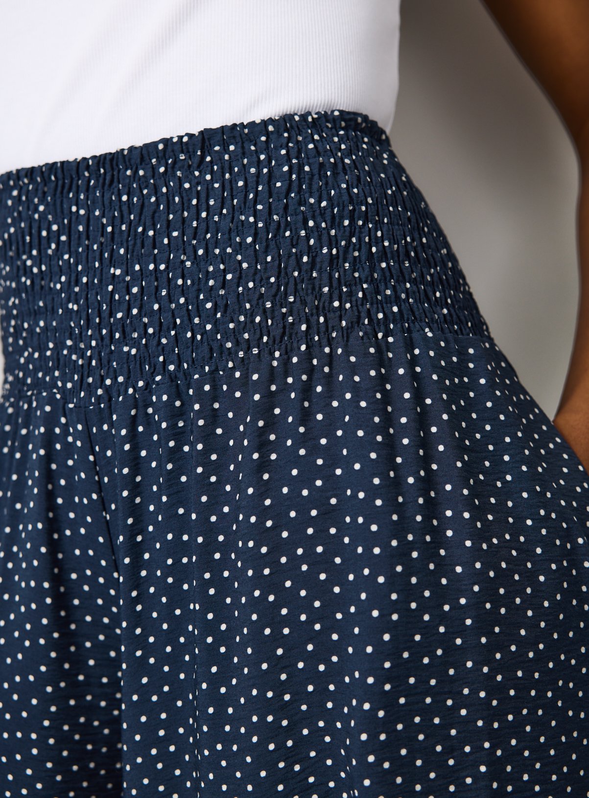 Navy Polka Dot Print Shirred Waist Palazzo Trousers 16 - Image 3 thumbnail