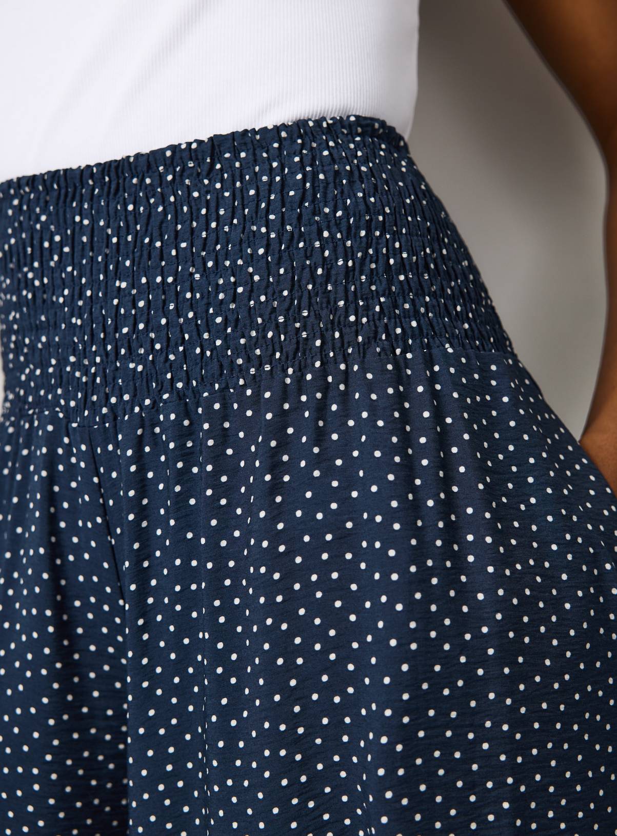 Navy Polka Dot Print Shirred Waist Palazzo Trousers 16 - Image 3