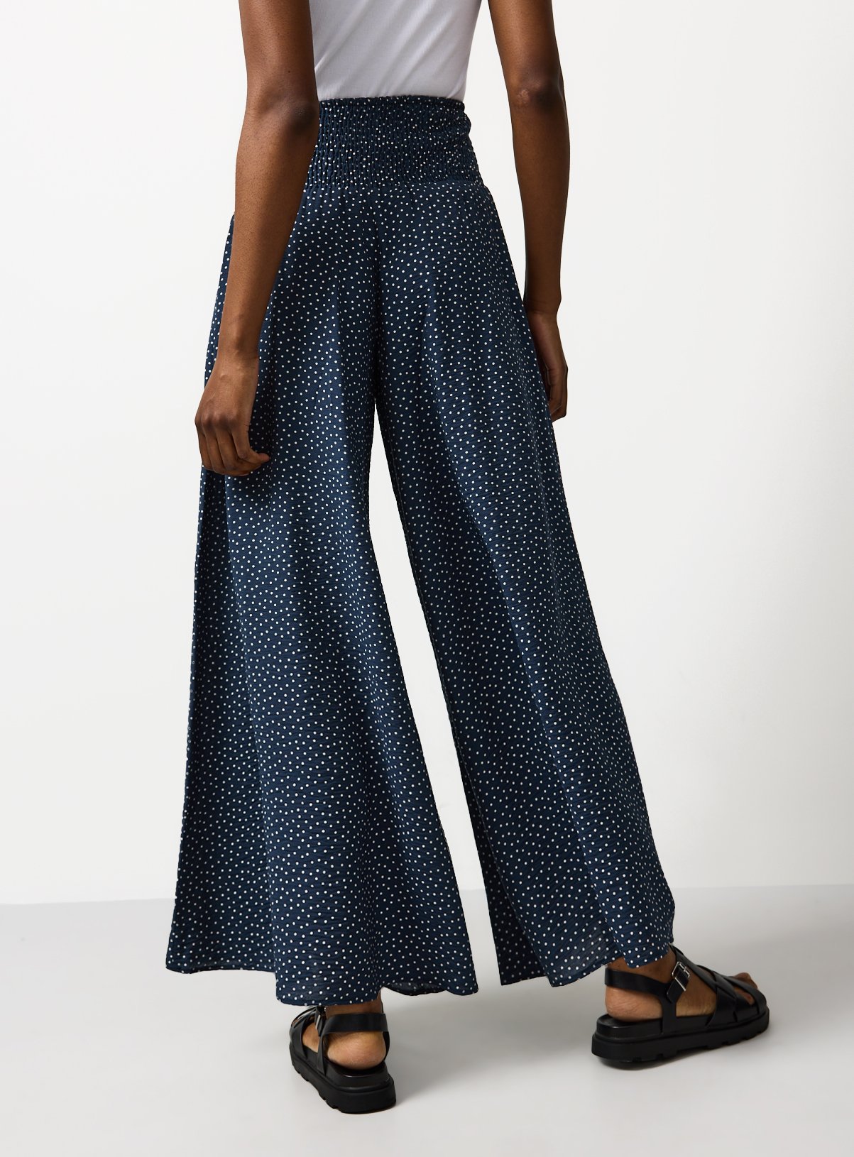 Navy Polka Dot Print Shirred Waist Palazzo Trousers 16 - Image 4 thumbnail