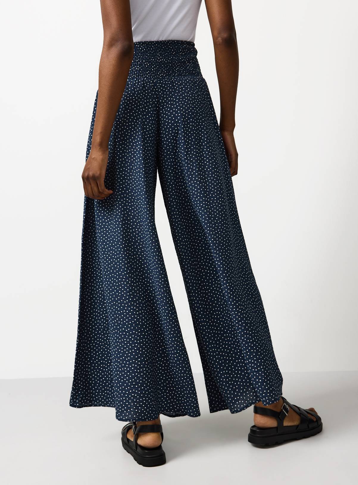 Navy Polka Dot Print Shirred Waist Palazzo Trousers 16 - Image 4