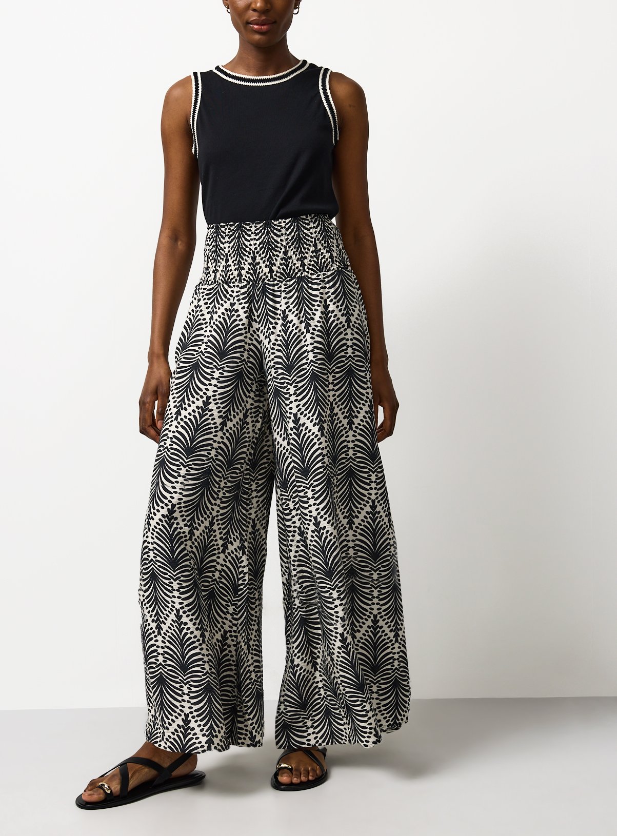 Mono Leaf Print Shirred Waist Palazzo Trousers 18 - Image 2 thumbnail