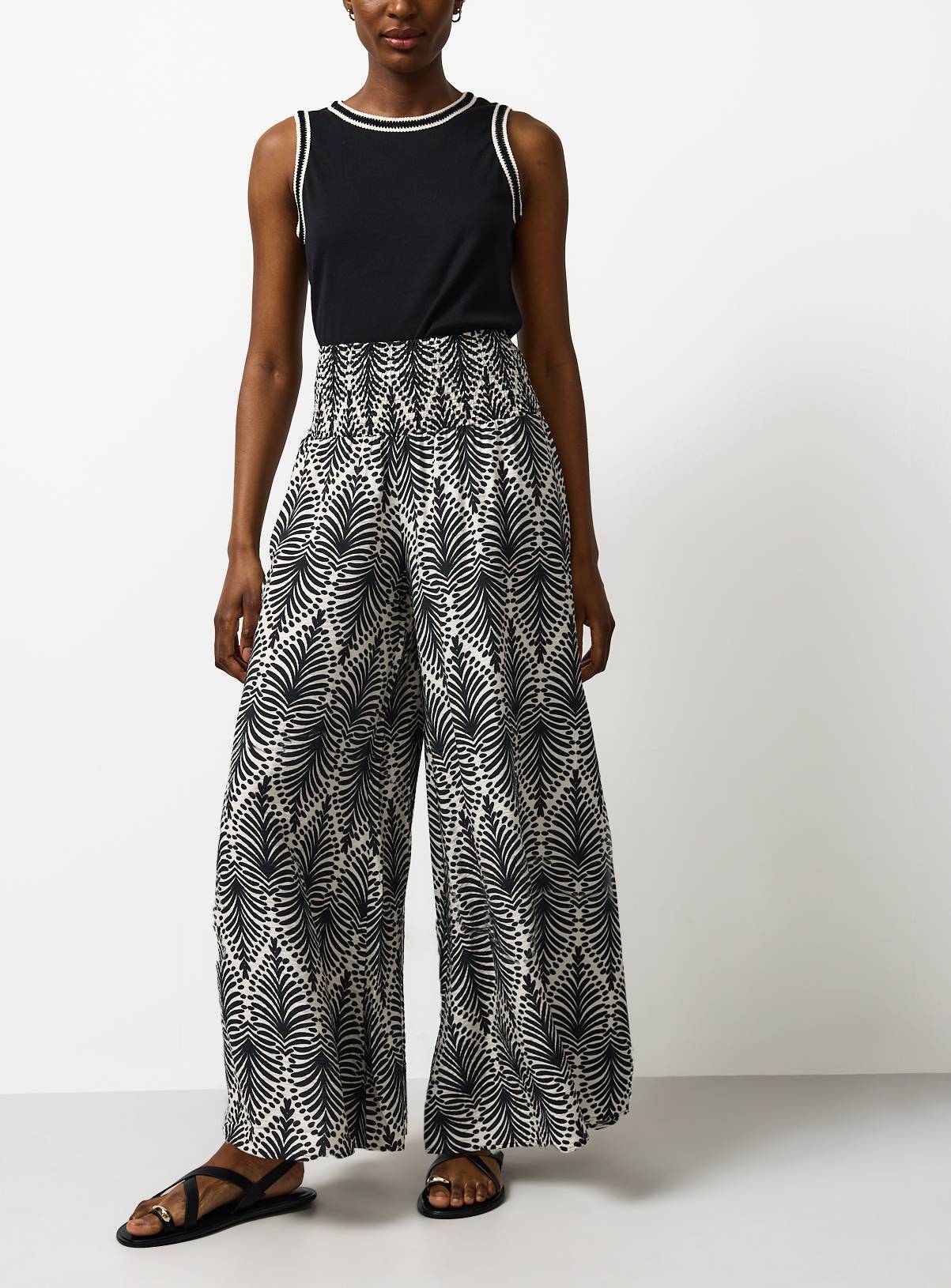 Mono Leaf Print Shirred Waist Palazzo Trousers 18 - Image 2