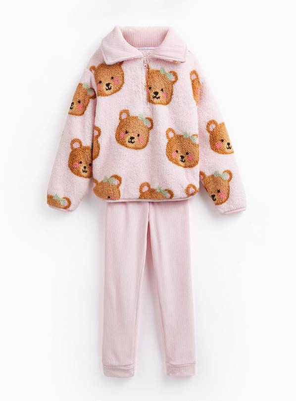 Pink Bear Print Borg Pyjama Fleece & Bottoms Set 1-2 years