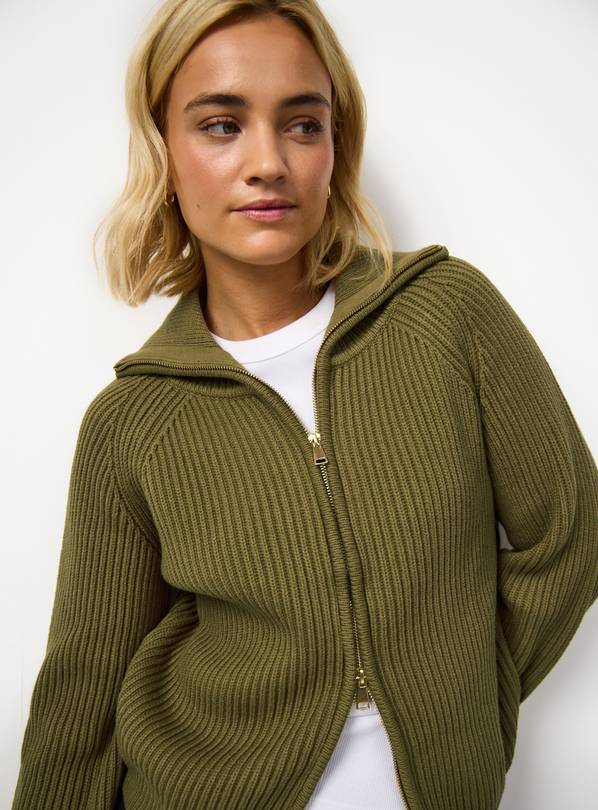 Green Funnel Neck Ribbed Cardigan XS