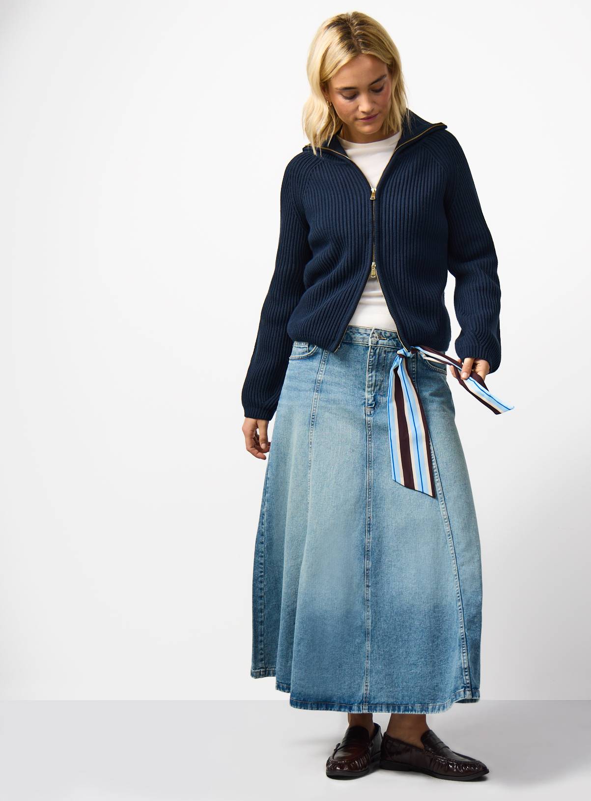 Navy Funnel Neck Ribbed Cardigan M - Image 2