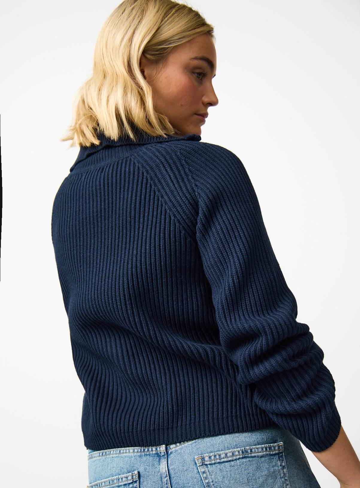Navy Funnel Neck Ribbed Cardigan M - Image 4 thumbnail