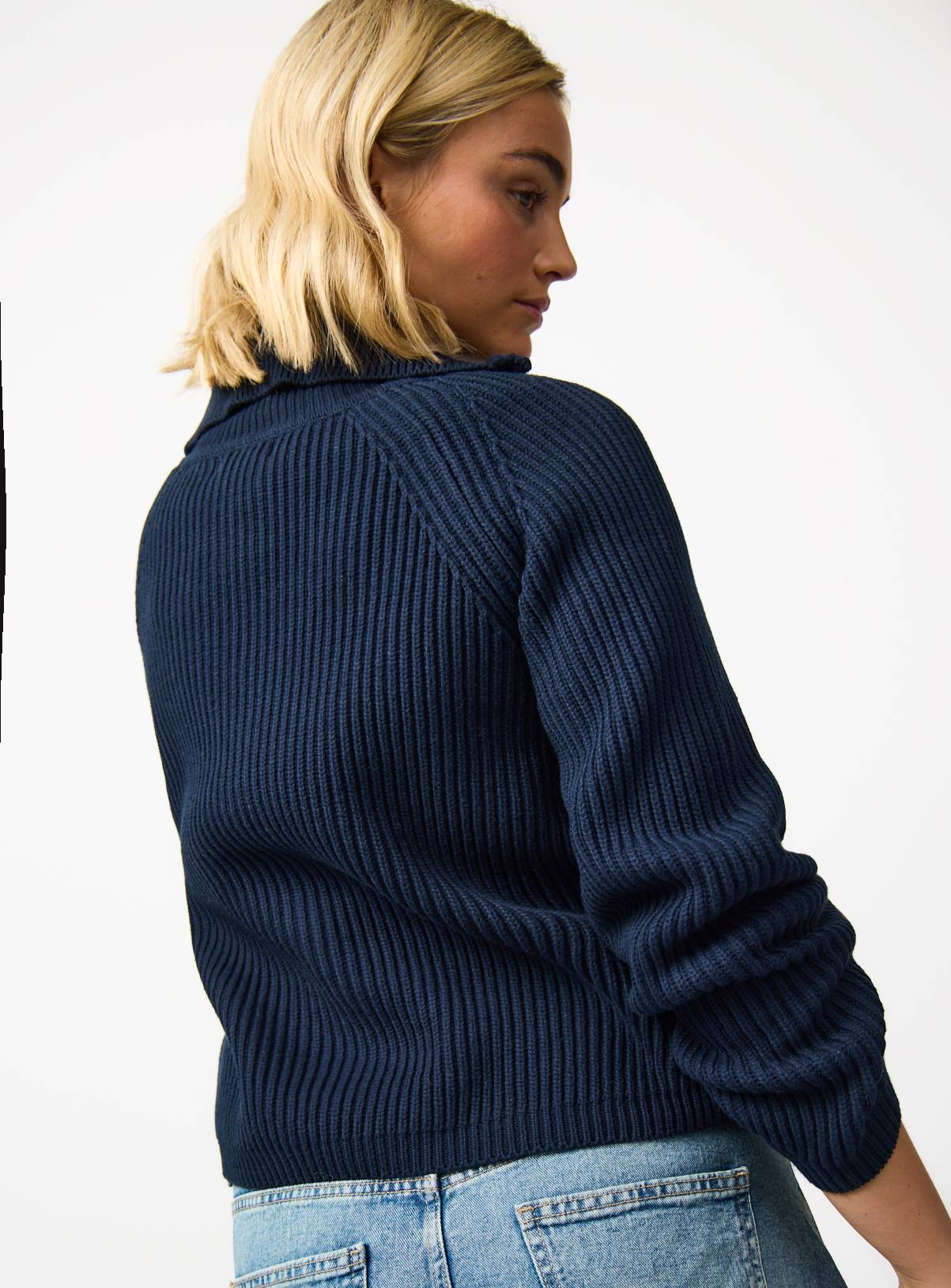 Navy Funnel Neck Ribbed Cardigan M - Image 4